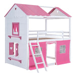 Kids Shared Room Full Size Wood Bunk Bed with House Design, Windows, Tent, Pink and White | Just Better Bunk Beds - View 6