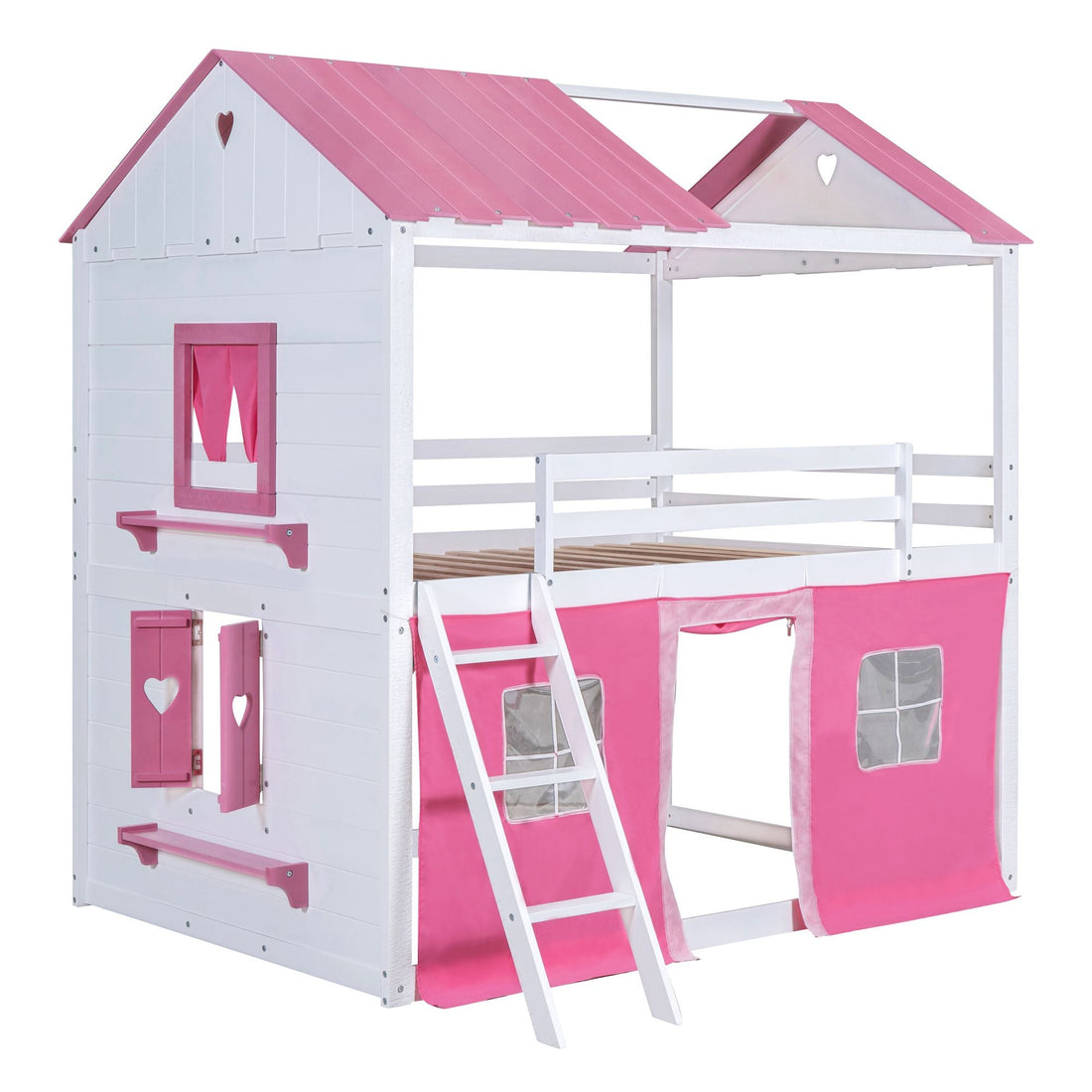 Kids Shared Room Full Size Wood Bunk Bed with House Design, Windows, Tent, Pink and White | Just Better Bunk Beds - View 6