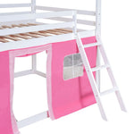 Kids Shared Room Full Size Wood Bunk Bed with House Design, Windows, Tent, Pink and White | Just Better Bunk Beds - View 12