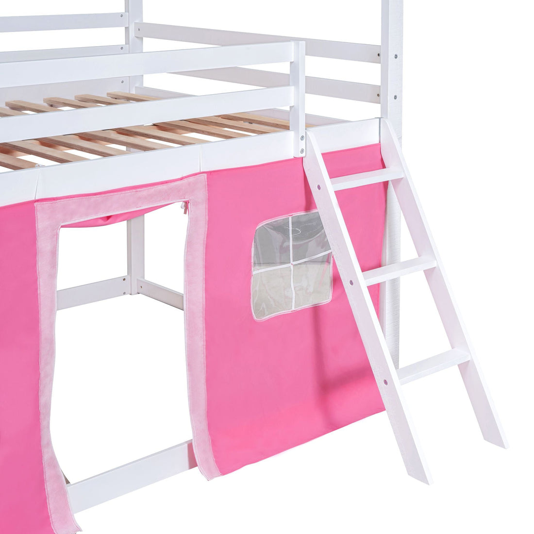 Kids Shared Room Full Size Wood Bunk Bed with House Design, Windows, Tent, Pink and White | Just Better Bunk Beds - View 12