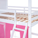 Kids Shared Room Full Size Wood Bunk Bed with House Design, Windows, Tent, Pink and White | Just Better Bunk Beds - View 18