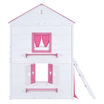 Kids Shared Room Full Size Wood Bunk Bed with House Design, Windows, Tent, Pink and White | Just Better Bunk Beds - View 16