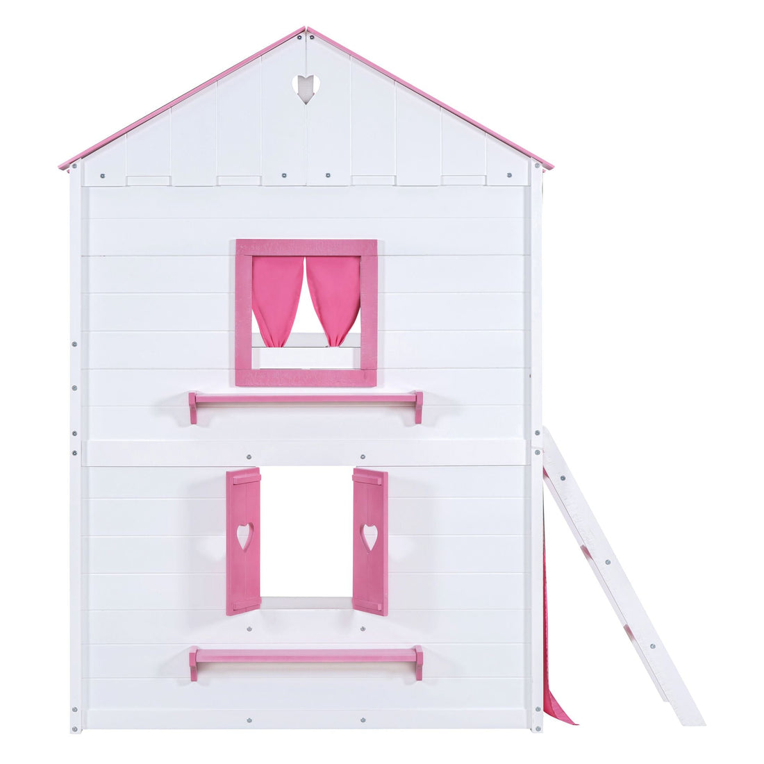 Kids Shared Room Full Size Wood Bunk Bed with House Design, Windows, Tent, Pink and White | Just Better Bunk Beds - View 16