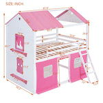 Kids Shared Room Full Size Wood Bunk Bed with House Design, Windows, Tent, Pink and White | Just Better Bunk Beds - View 7