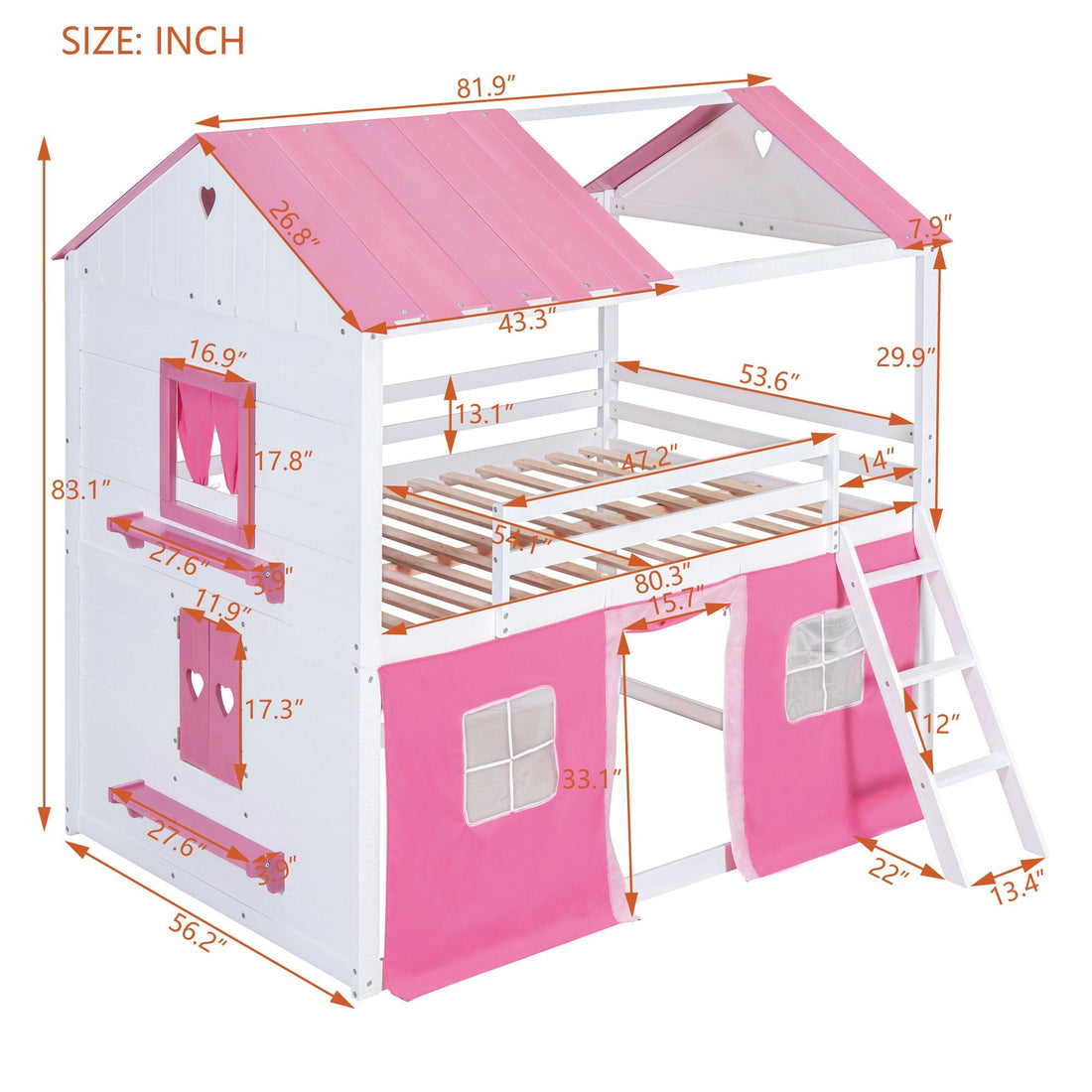 Kids Shared Room Full Size Wood Bunk Bed with House Design, Windows, Tent, Pink and White | Just Better Bunk Beds - View 7