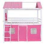 Kids Shared Room Full Size Wood Bunk Bed with House Design, Windows, Tent, Pink and White | Just Better Bunk Beds - Detail View