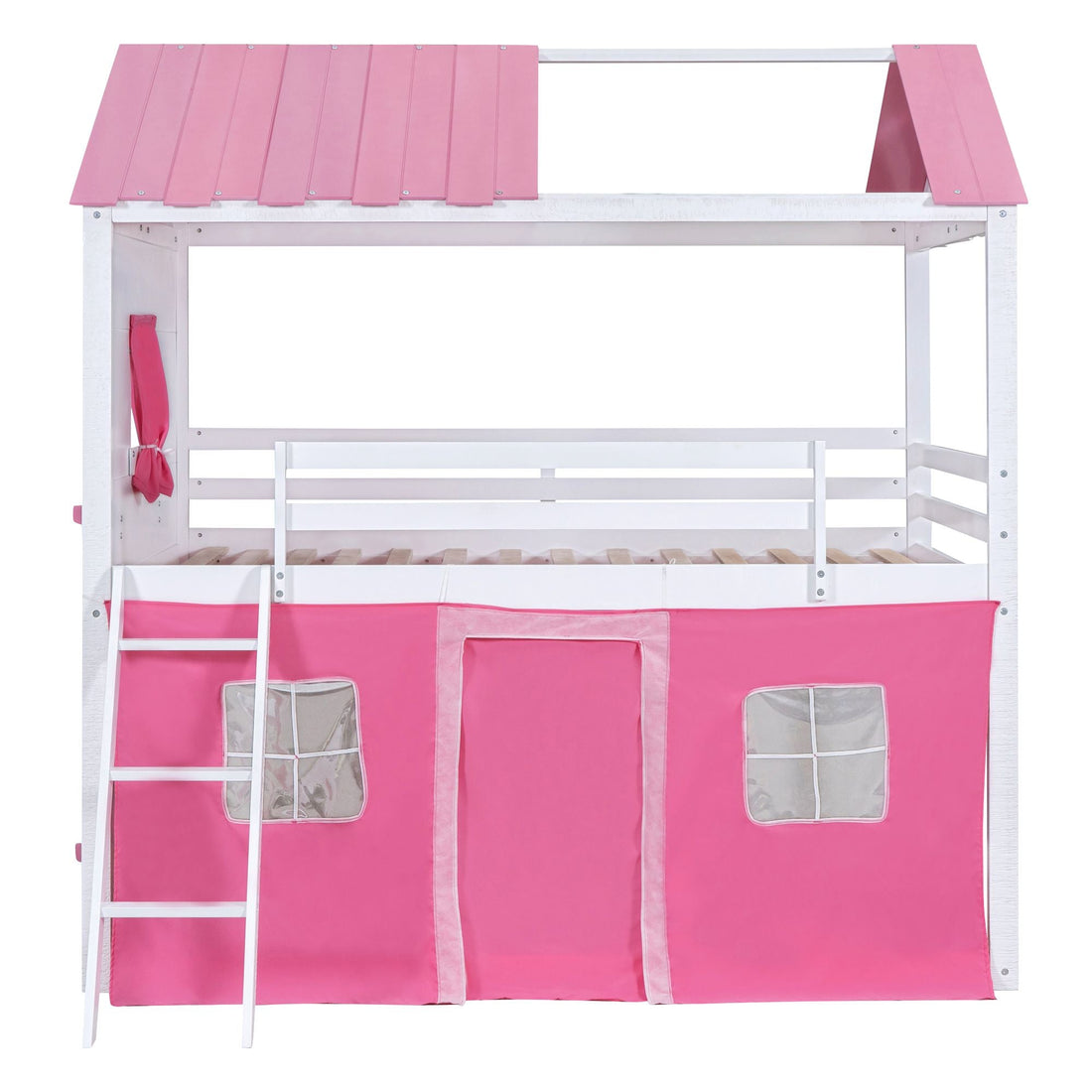 Kids Shared Room Full Size Wood Bunk Bed with House Design, Windows, Tent, Pink and White | Just Better Bunk Beds - Detail View
