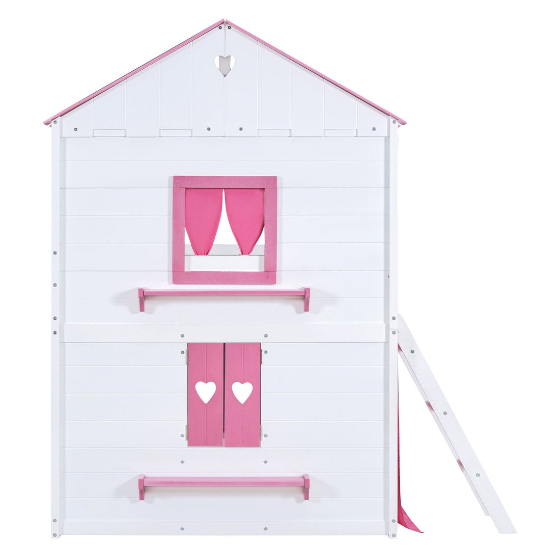 Kids Shared Room Full Size Wood Bunk Bed with House Design, Windows, Tent, Pink and White | Just Better Bunk Beds - View 17