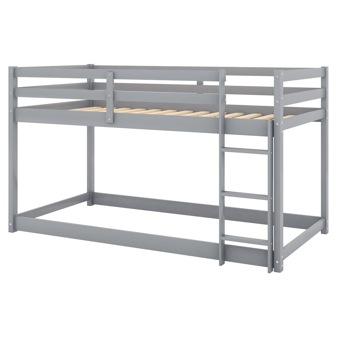 Kids Shared Room Low Profile Twin over Twin Wood Floor Bunk Bed with Ladder, Gray or White | Just Better Bunk Beds - Detail View