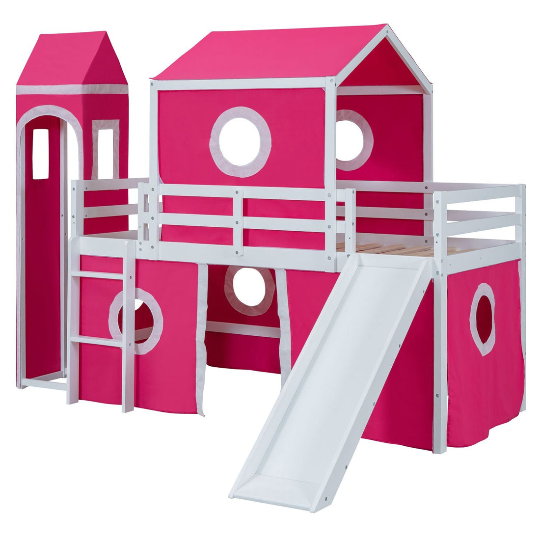 Kids Shared Room Twin Loft Bed with Slide Pink Tent Tower Wood Pink | Just Better Bunk Beds - View 11