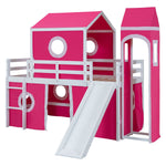 Kids Shared Room Twin Loft Bed with Slide Pink Tent Tower Wood Pink | Just Better Bunk Beds - Assembly View