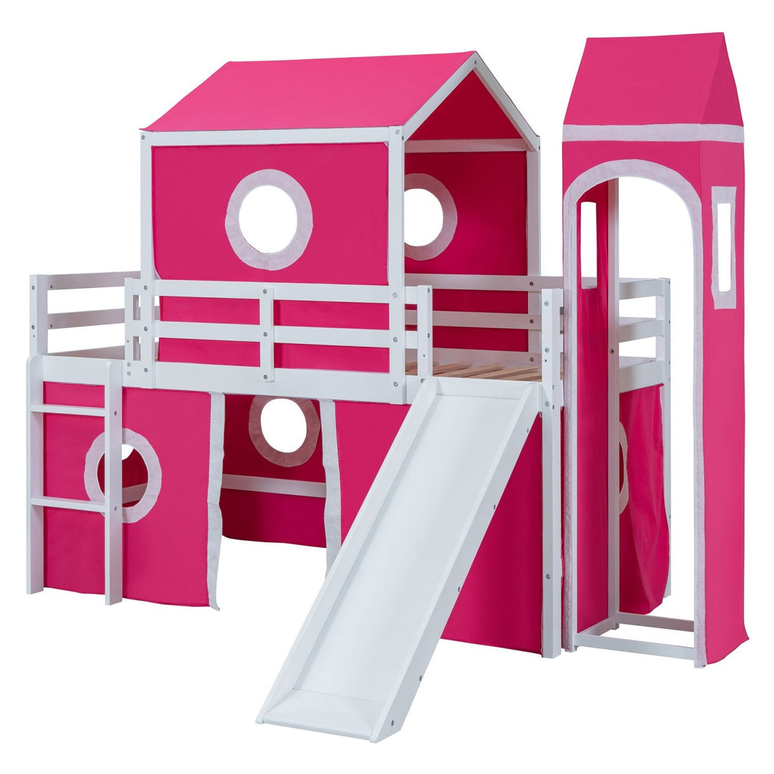 Kids Shared Room Twin Loft Bed with Slide Pink Tent Tower Wood Pink | Just Better Bunk Beds - Assembly View