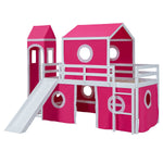 Kids Shared Room Twin Loft Bed with Slide Pink Tent Tower Wood Pink | Just Better Bunk Beds - View 5
