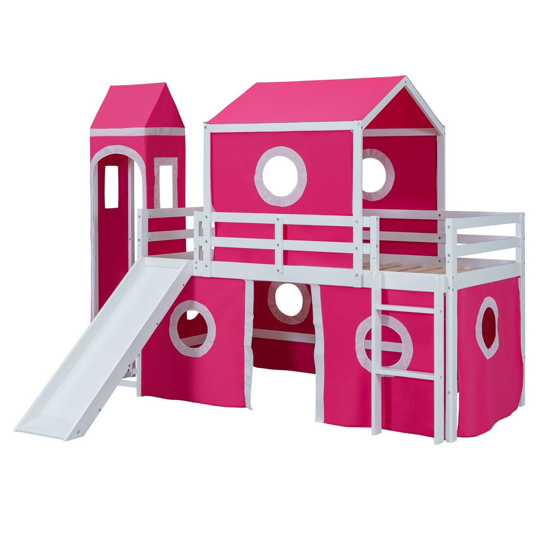 Kids Shared Room Twin Loft Bed with Slide Pink Tent Tower Wood Pink | Just Better Bunk Beds - View 5