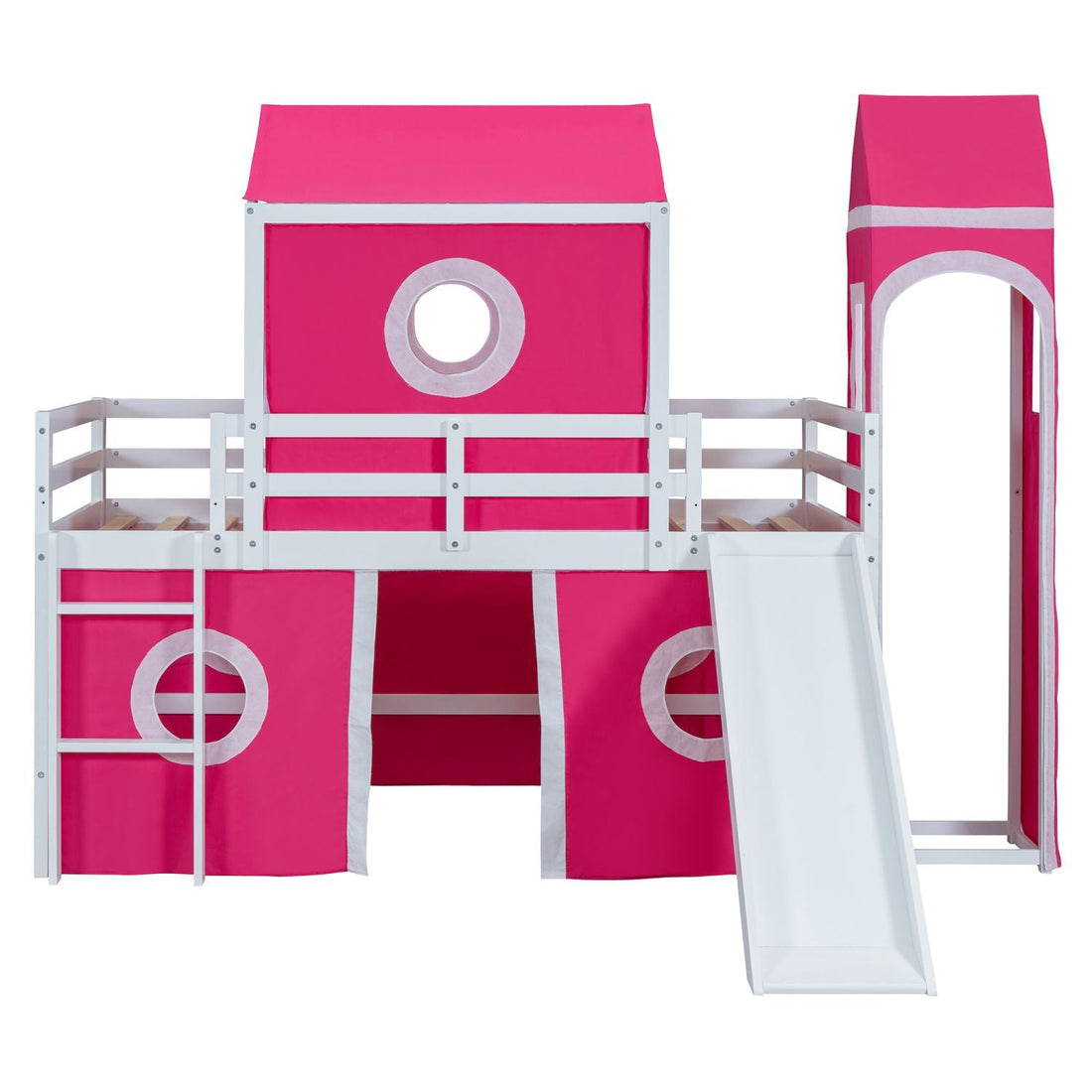 Kids Shared Room Twin Loft Bed with Slide Pink Tent Tower Wood Pink | Just Better Bunk Beds - View 10