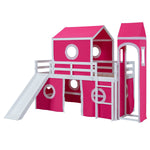 Kids Shared Room Twin Loft Bed with Slide Pink Tent Tower Wood Pink | Just Better Bunk Beds - Detail View