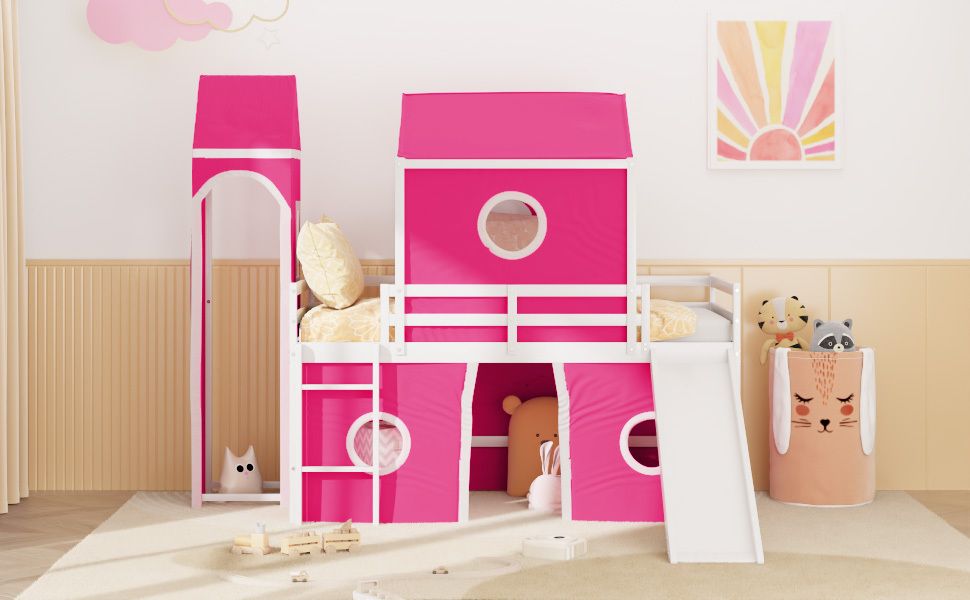 Kids Shared Room Twin Loft Bed with Slide Pink Tent Tower Wood Pink | Just Better Bunk Beds - View 15