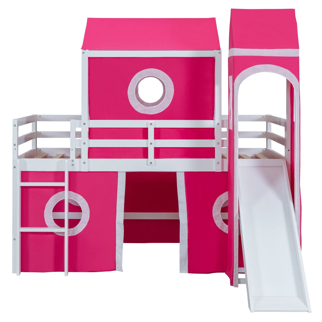 Kids Shared Room Twin Loft Bed with Slide Pink Tent Tower Wood Pink | Just Better Bunk Beds - View 9