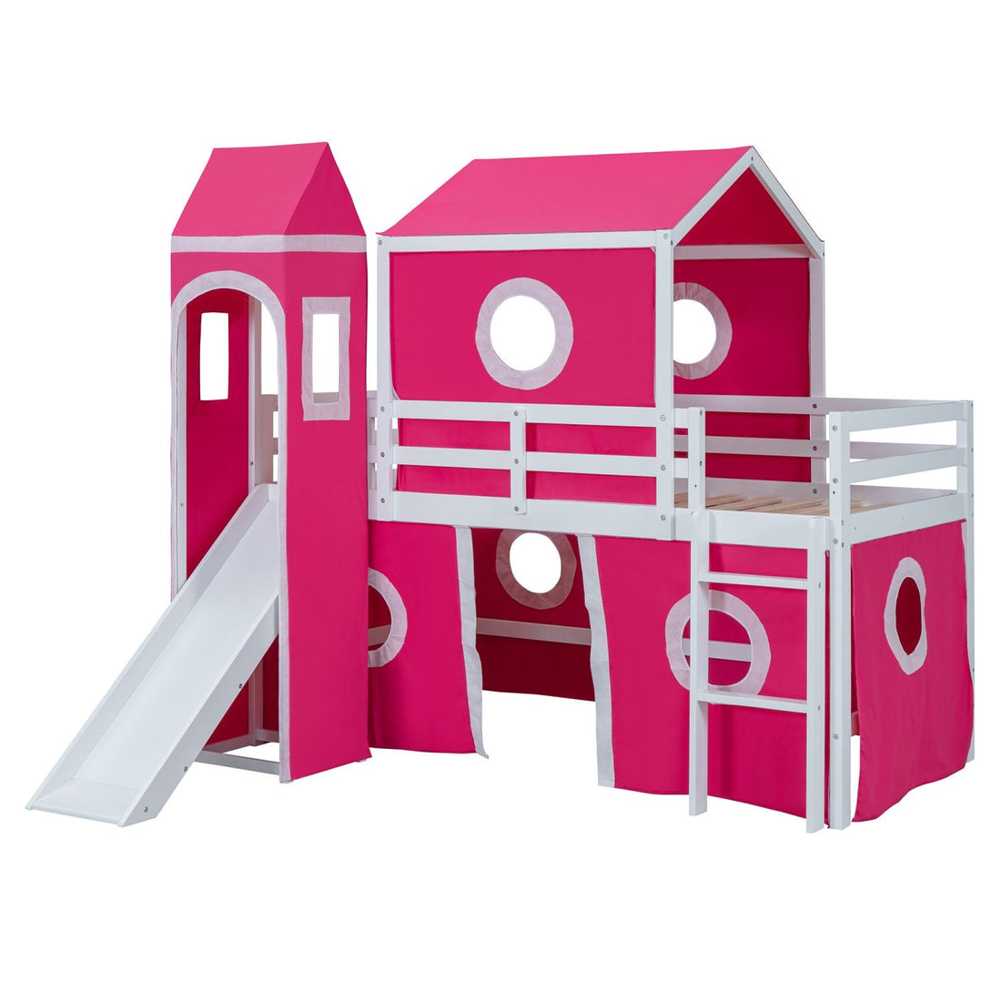 Kids Shared Room Twin Loft Bed with Slide Pink Tent Tower Wood Pink | Just Better Bunk Beds - View 6