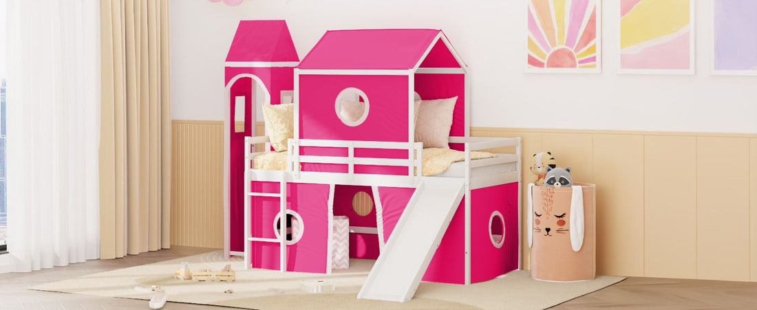 Kids Shared Room Twin Loft Bed with Slide Pink Tent Tower Wood Pink | Just Better Bunk Beds - View 16