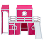 Kids Shared Room Twin Loft Bed with Slide Pink Tent Tower Wood Pink | Just Better Bunk Beds - View 7