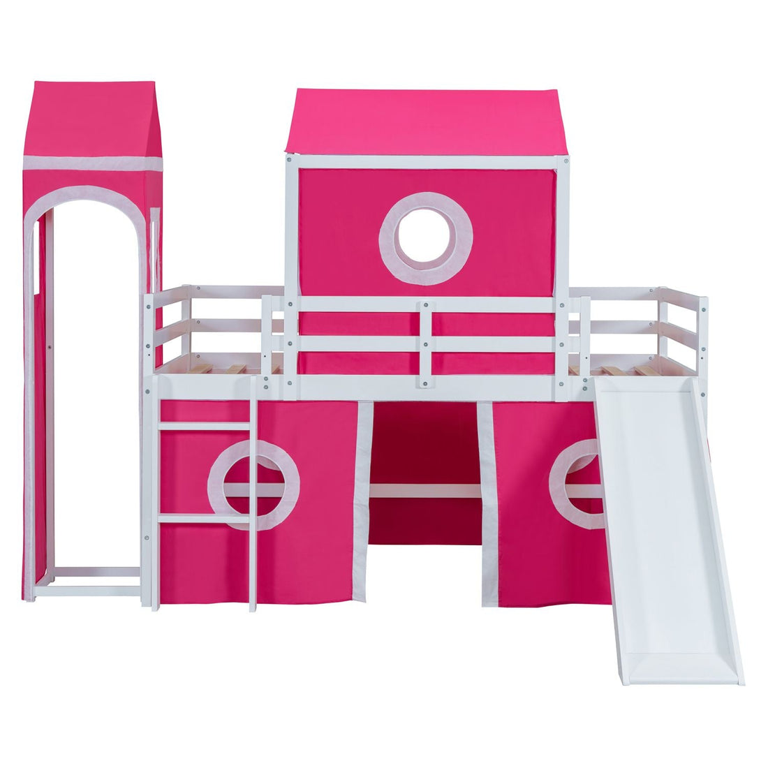 Kids Shared Room Twin Loft Bed with Slide Pink Tent Tower Wood Pink | Just Better Bunk Beds - View 7