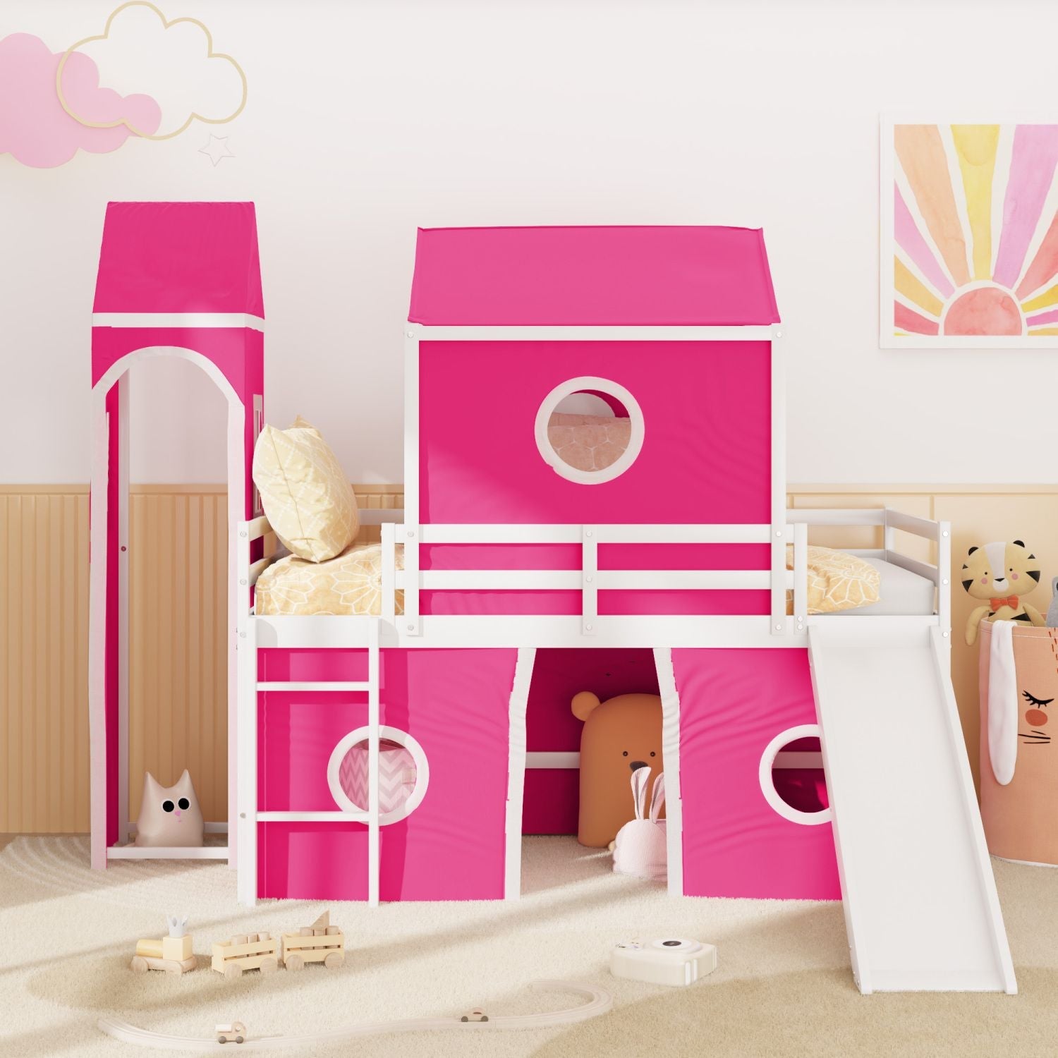 Kids Shared Room Twin Loft Bed with Slide Pink Tent Tower Wood Pink | Just Better Bunk Beds - Side View