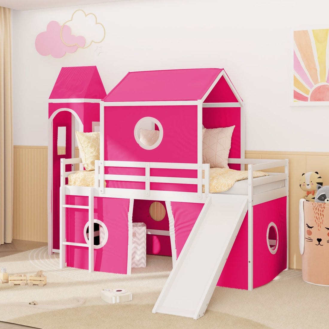 Kids Shared Room Twin Loft Bed with Slide Pink Tent Tower Wood Pink | Just Better Bunk Beds - Front View
