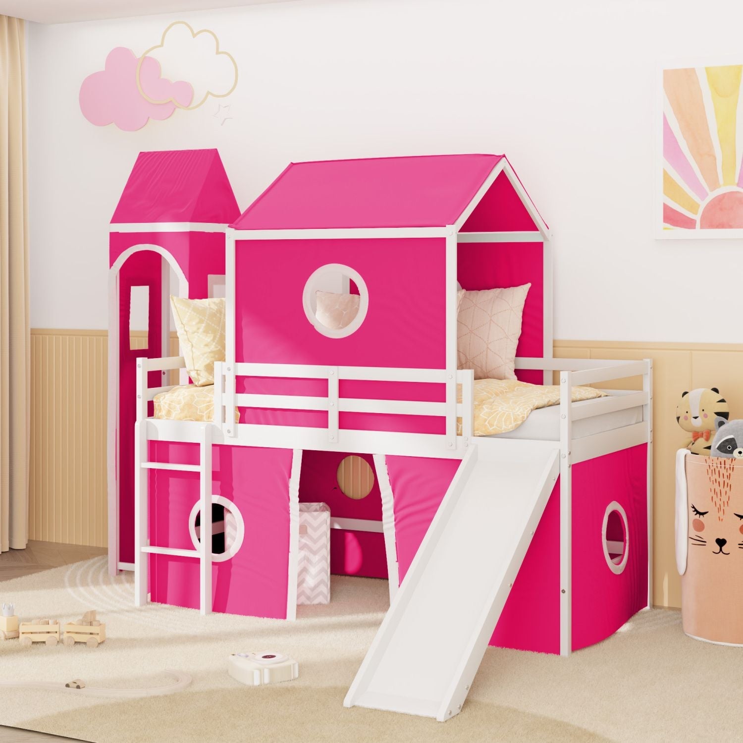 Kids Shared Room Twin Loft Bed with Slide Pink Tent Tower Wood Pink | Just Better Bunk Beds - Front View