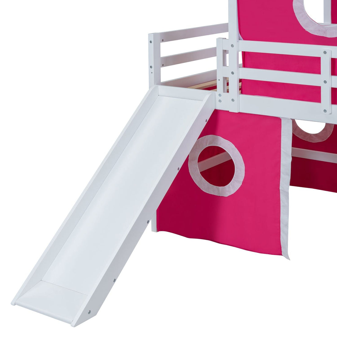 Kids Shared Room Twin Loft Bed with Slide Pink Tent Tower Wood Pink | Just Better Bunk Beds - View 13