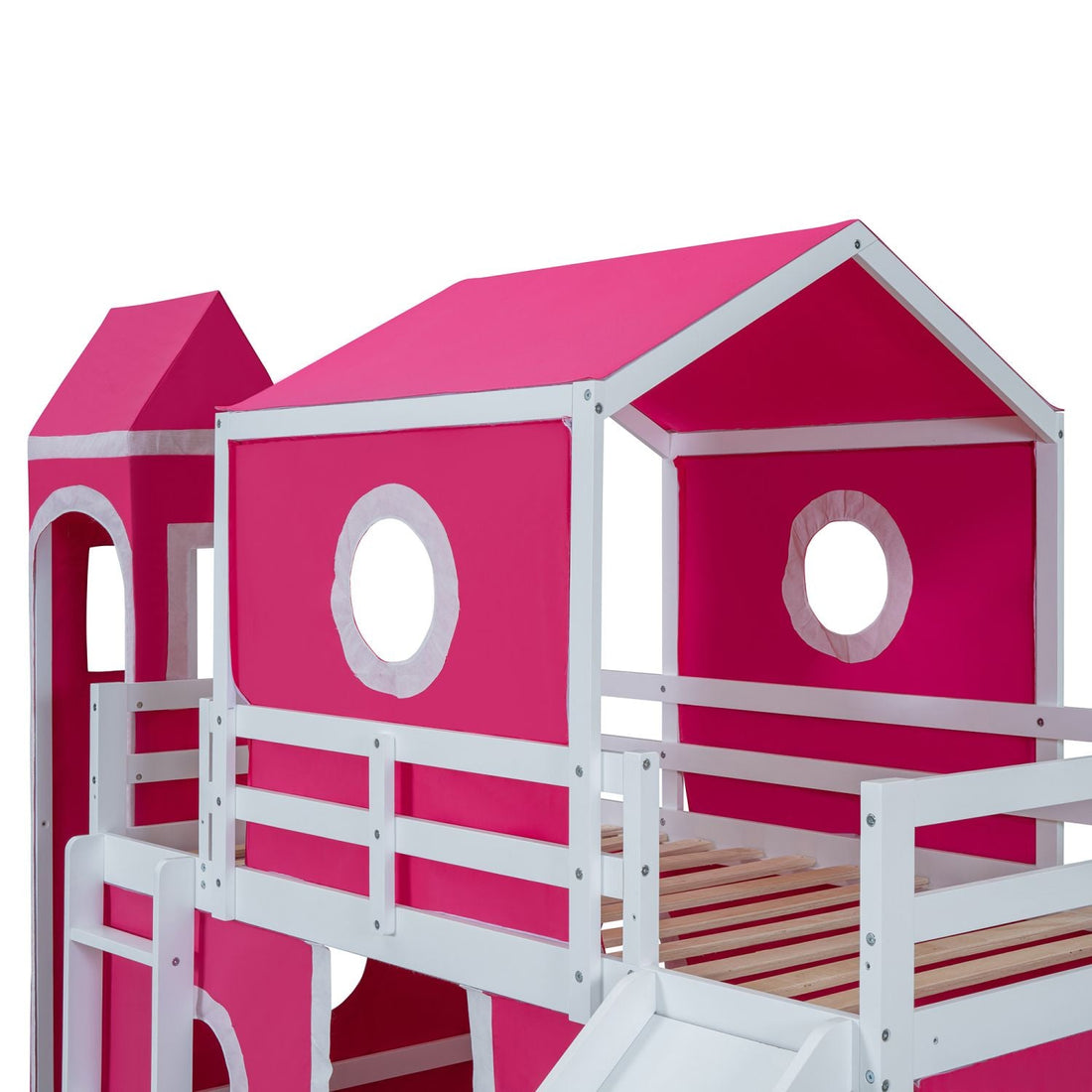 Kids Shared Room Twin Loft Bed with Slide Pink Tent Tower Wood Pink | Just Better Bunk Beds - View 12