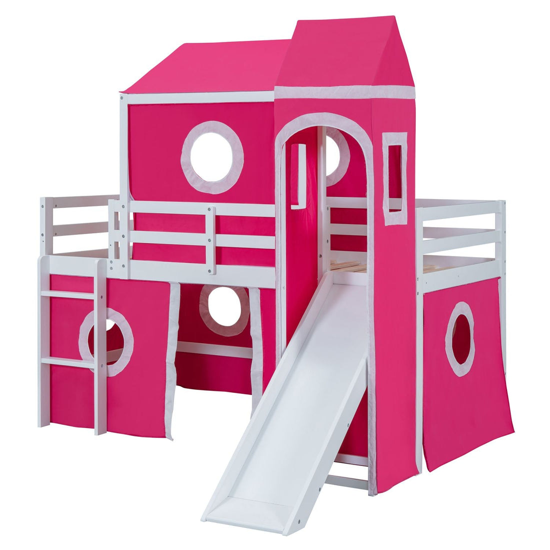 Kids Shared Room Twin Loft Bed with Slide Pink Tent Tower Wood Pink | Just Better Bunk Beds - View 8