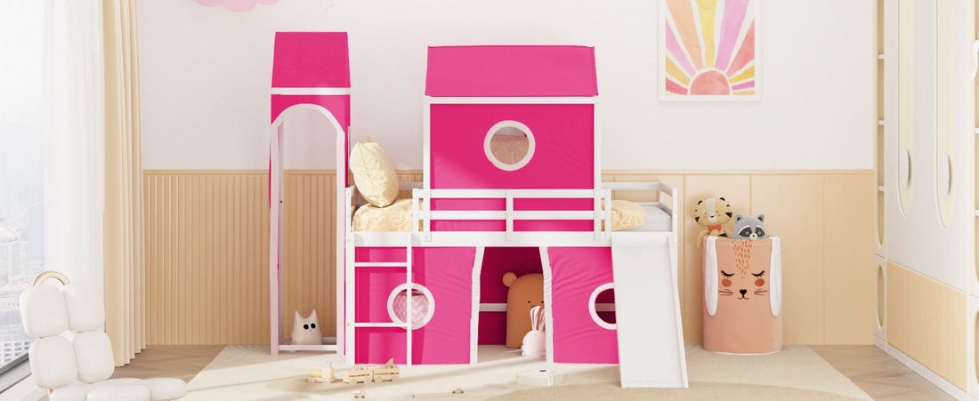 Kids Shared Room Twin Loft Bed with Slide Pink Tent Tower Wood Pink | Just Better Bunk Beds - View 17
