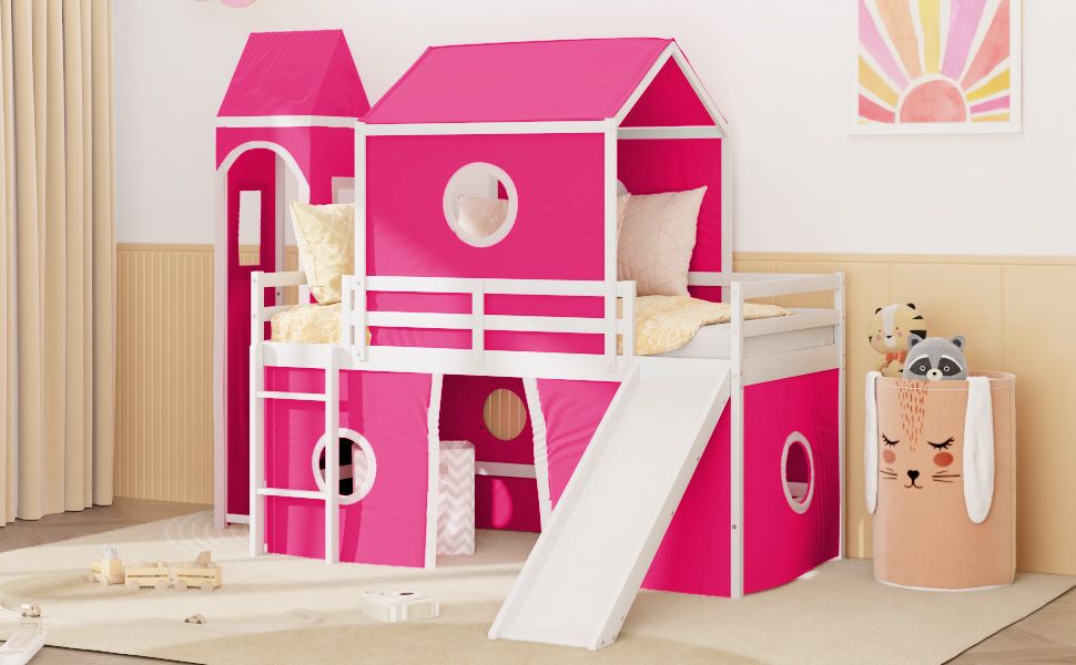 Kids Shared Room Twin Loft Bed with Slide Pink Tent Tower Wood Pink | Just Better Bunk Beds - View 14