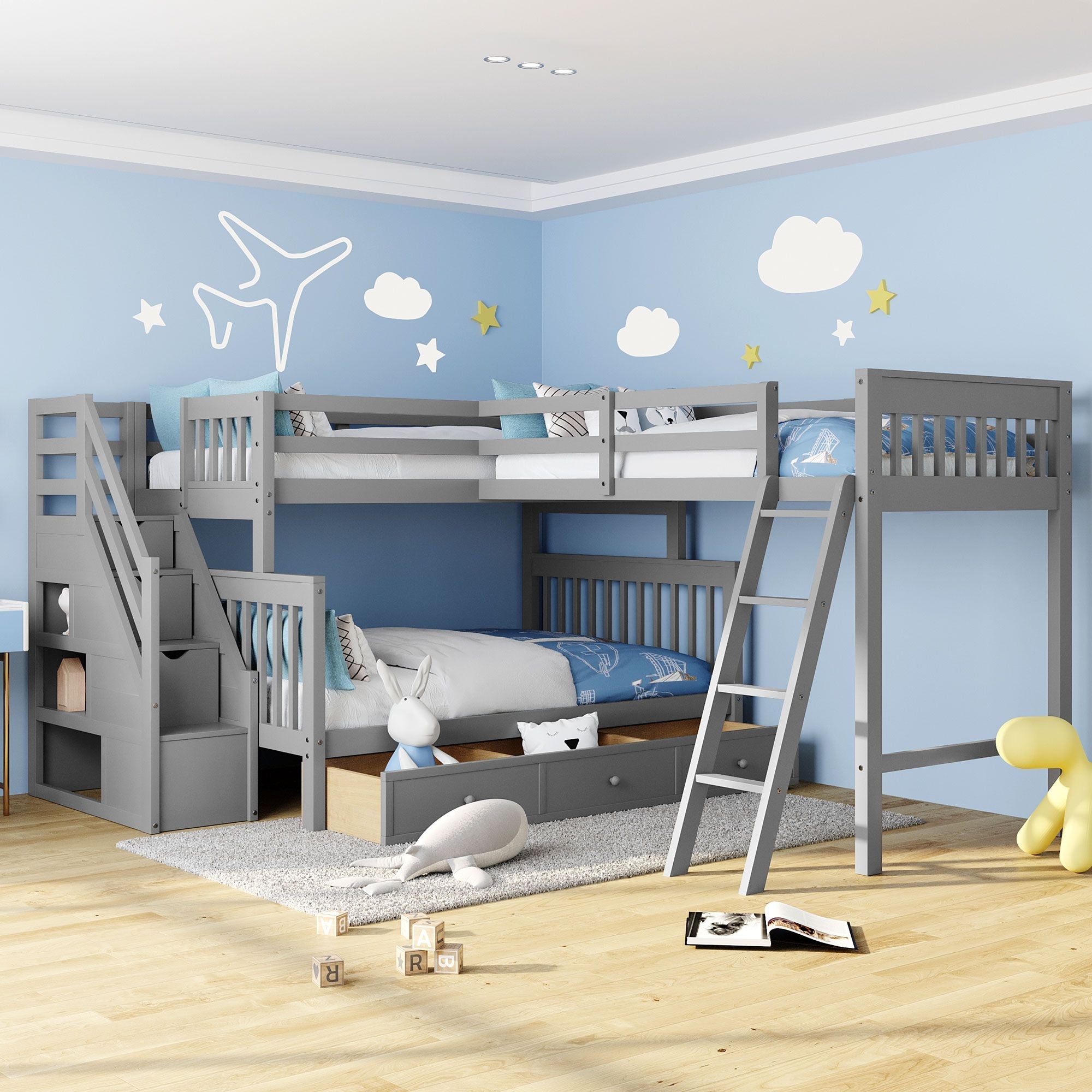 Kids Shared Room Twin Over Full L-Shaped Wood Bunk Bed with Storage Drawers and Staircase, Gray | Just Better Bunk Beds - Front View