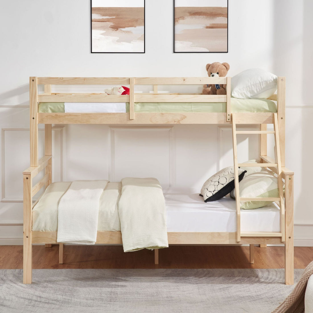 Kids Shared Room Twin Over Full Solid Wood Bunk Bed with High Guardrail Ladder Natural Finish | Just Better Bunk Beds - Side View