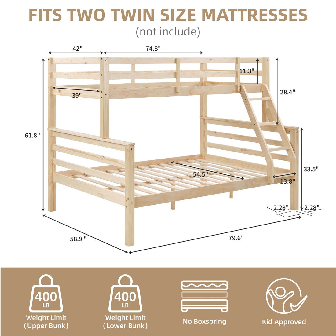 Kids Shared Room Twin Over Full Solid Wood Bunk Bed with High Guardrail Ladder Natural Finish | Just Better Bunk Beds - View 6