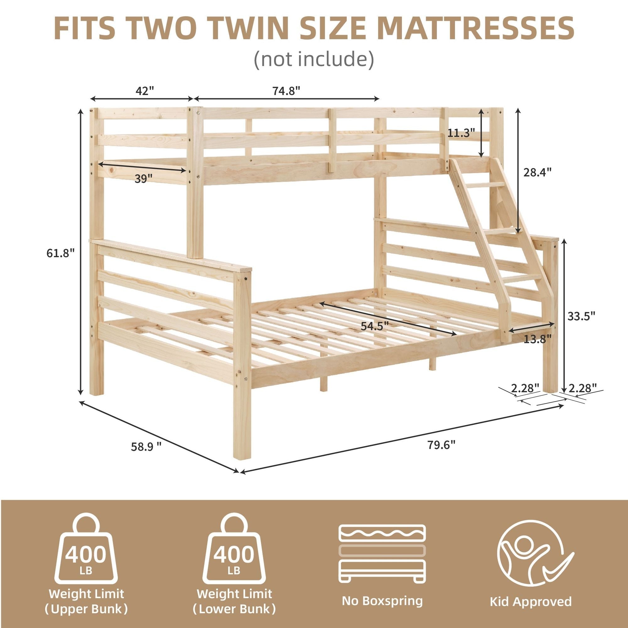 Kids Shared Room Twin Over Full Solid Wood Bunk Bed with High Guardrail Ladder Natural Finish | Just Better Bunk Beds - View 6
