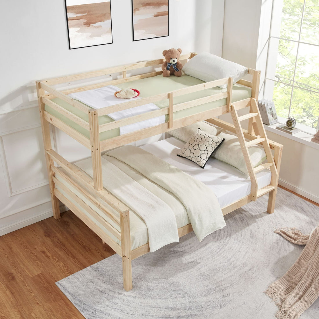 Kids Shared Room Twin Over Full Solid Wood Bunk Bed with High Guardrail Ladder Natural Finish | Just Better Bunk Beds - Detail View