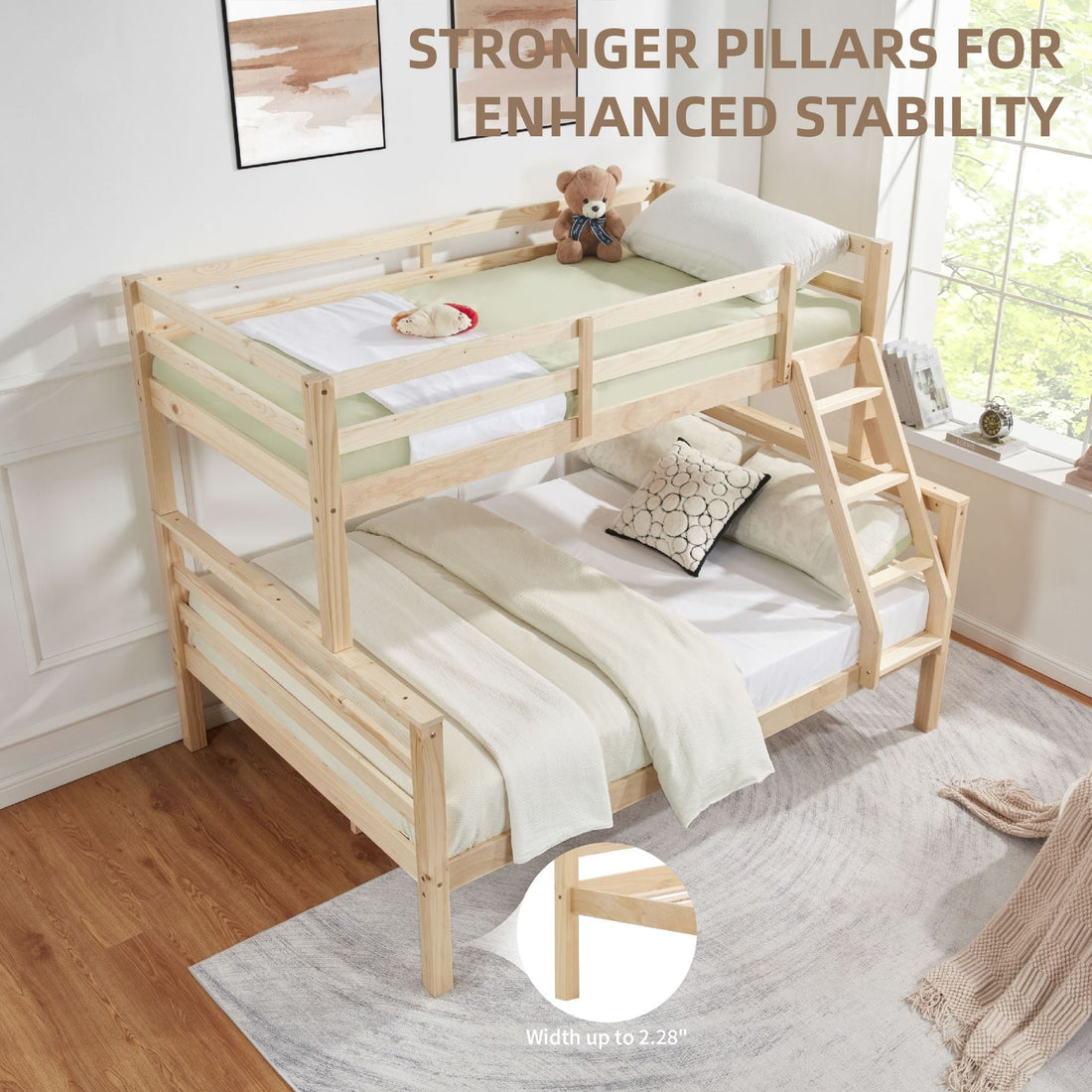 Kids Shared Room Twin Over Full Solid Wood Bunk Bed with High Guardrail Ladder Natural Finish | Just Better Bunk Beds - View 5