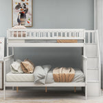 Kids Shared Room Twin over Full Stairway Bunk Bed with Storage Drawers, White Pine Wood | Just Better Bunk Beds - Side View