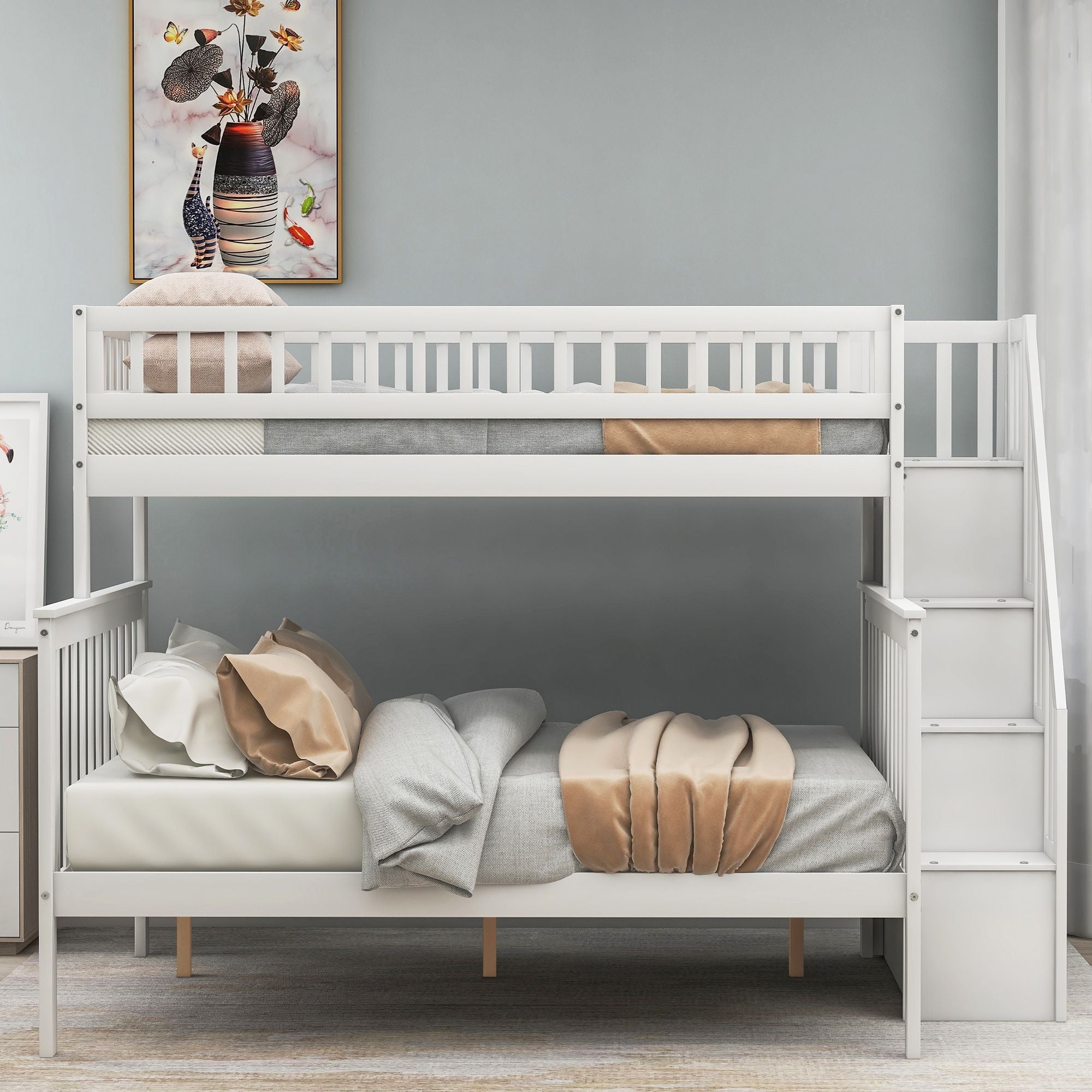 Kids Shared Room Twin over Full Stairway Bunk Bed with Storage Drawers, White Pine Wood | Just Better Bunk Beds - Side View