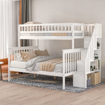 Kids Shared Room Twin over Full Stairway Bunk Bed with Storage Drawers, White Pine Wood | Just Better Bunk Beds - Detail View