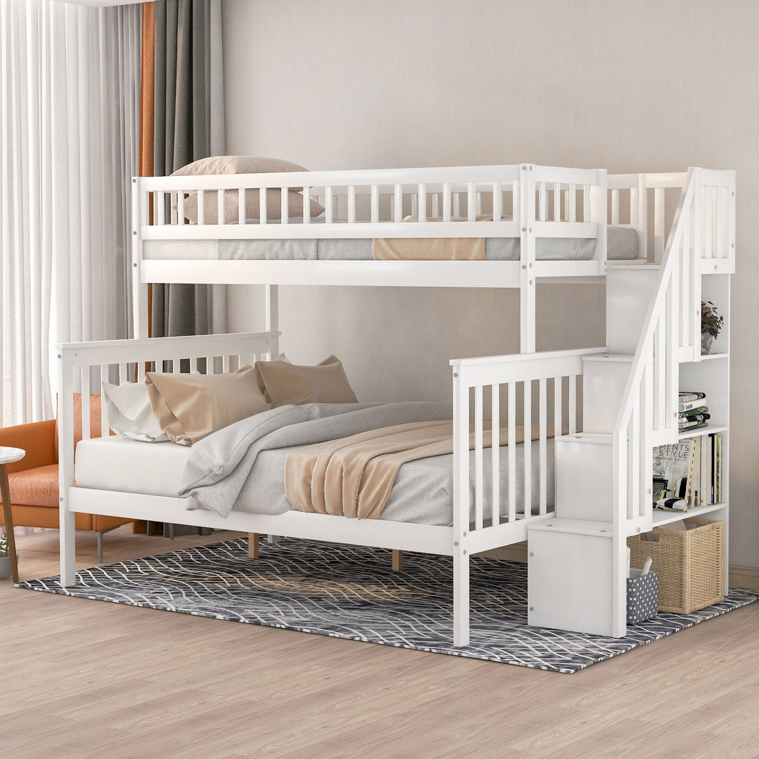 Kids Shared Room Twin over Full Stairway Bunk Bed with Storage Drawers, White Pine Wood | Just Better Bunk Beds - Detail View