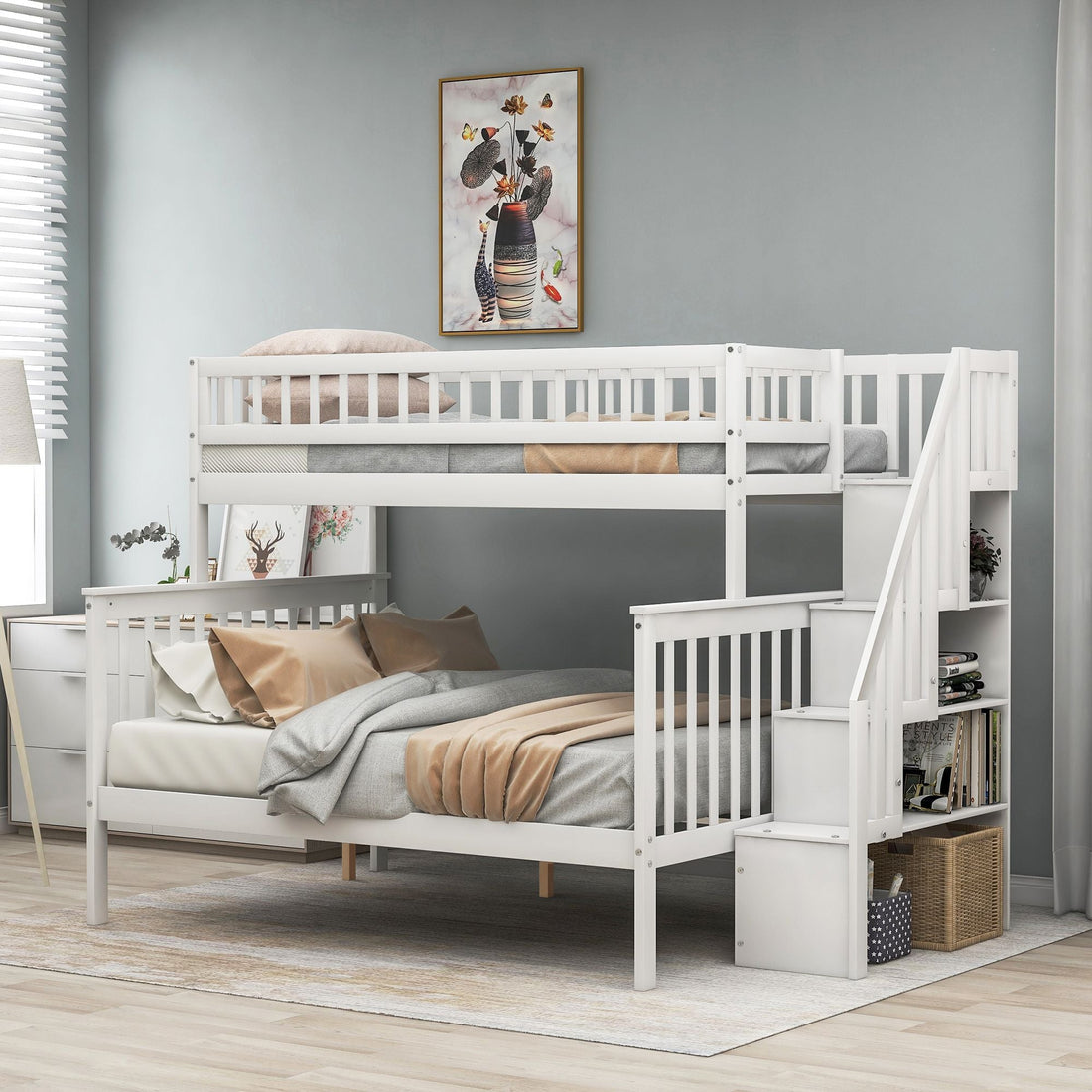 Kids Shared Room Twin over Full Stairway Bunk Bed with Storage Drawers, White Pine Wood | Just Better Bunk Beds - Front View