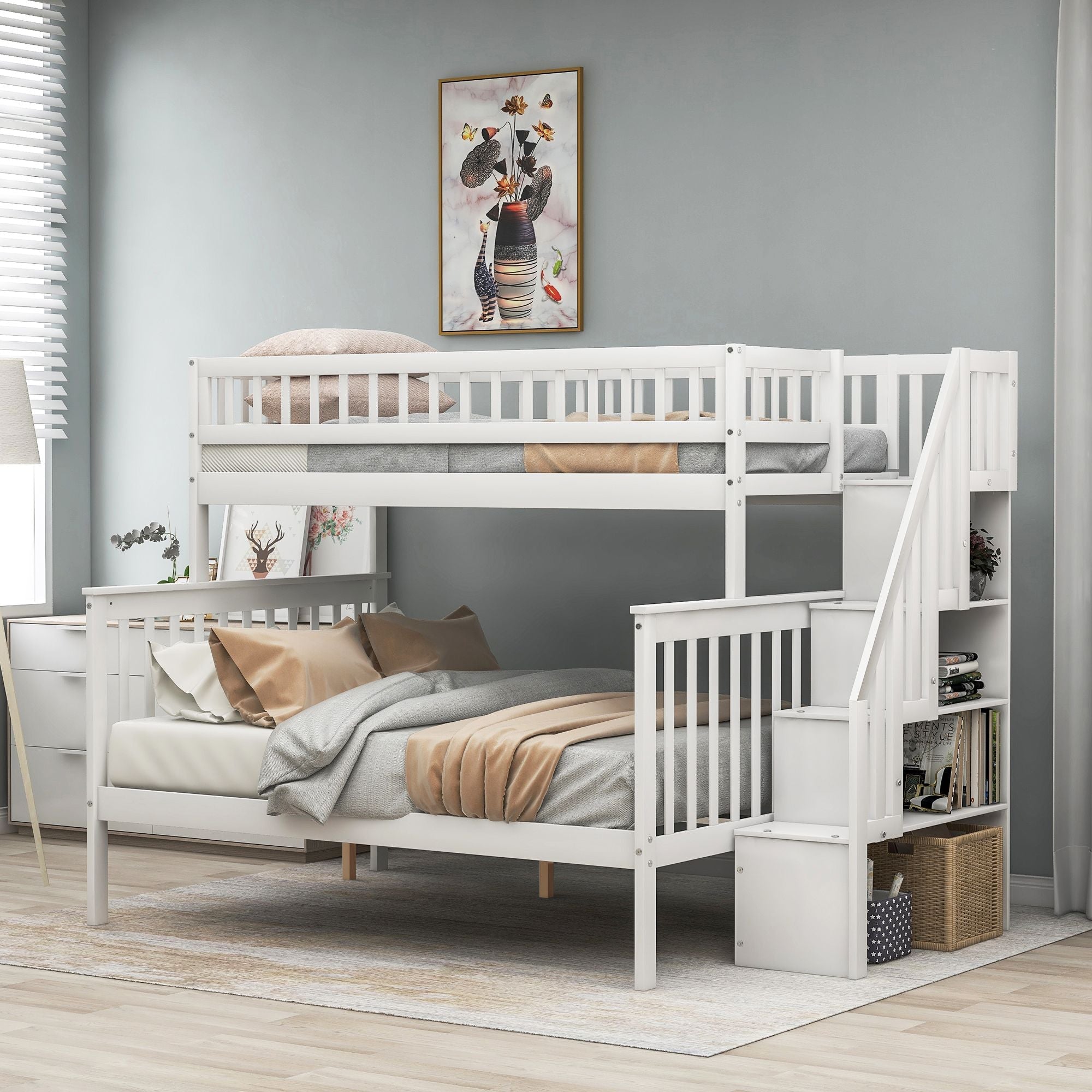 Kids Shared Room Twin over Full Stairway Bunk Bed with Storage Drawers, White Pine Wood | Just Better Bunk Beds - Front View