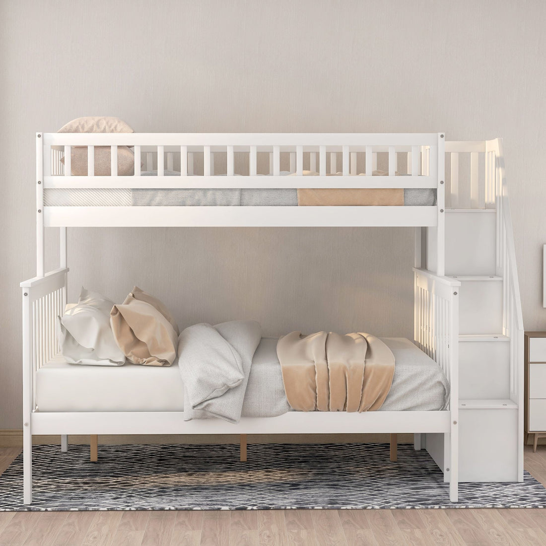Kids Shared Room Twin over Full Stairway Bunk Bed with Storage Drawers, White Pine Wood | Just Better Bunk Beds - Assembly View