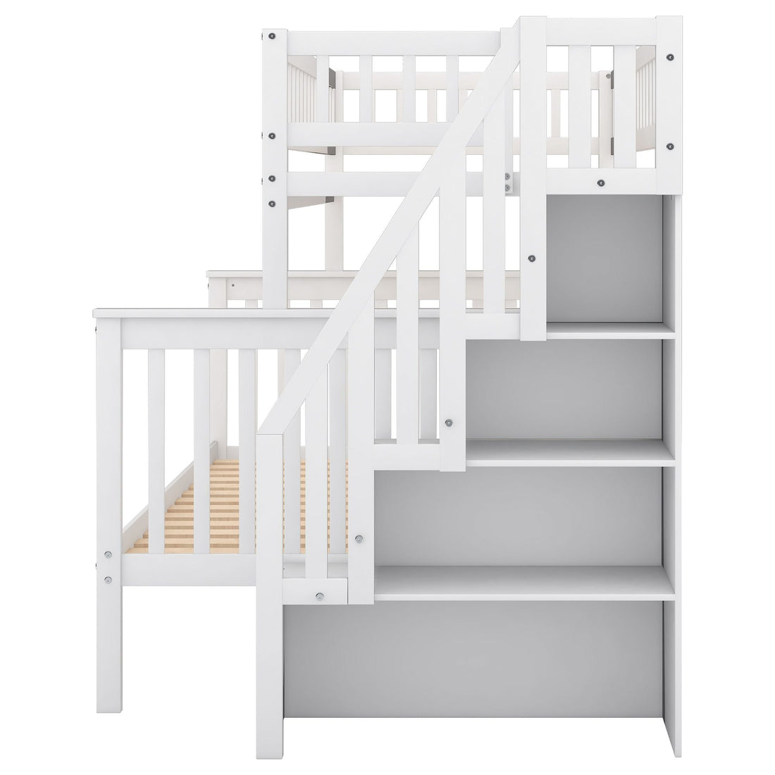 Kids Shared Room Twin over Full Stairway Bunk Bed with Storage Drawers, White Pine Wood | Just Better Bunk Beds - View 7