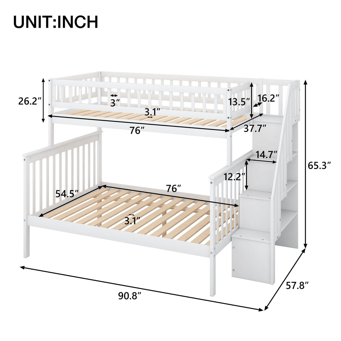 Kids Shared Room Twin over Full Stairway Bunk Bed with Storage Drawers, White Pine Wood | Just Better Bunk Beds - View 5