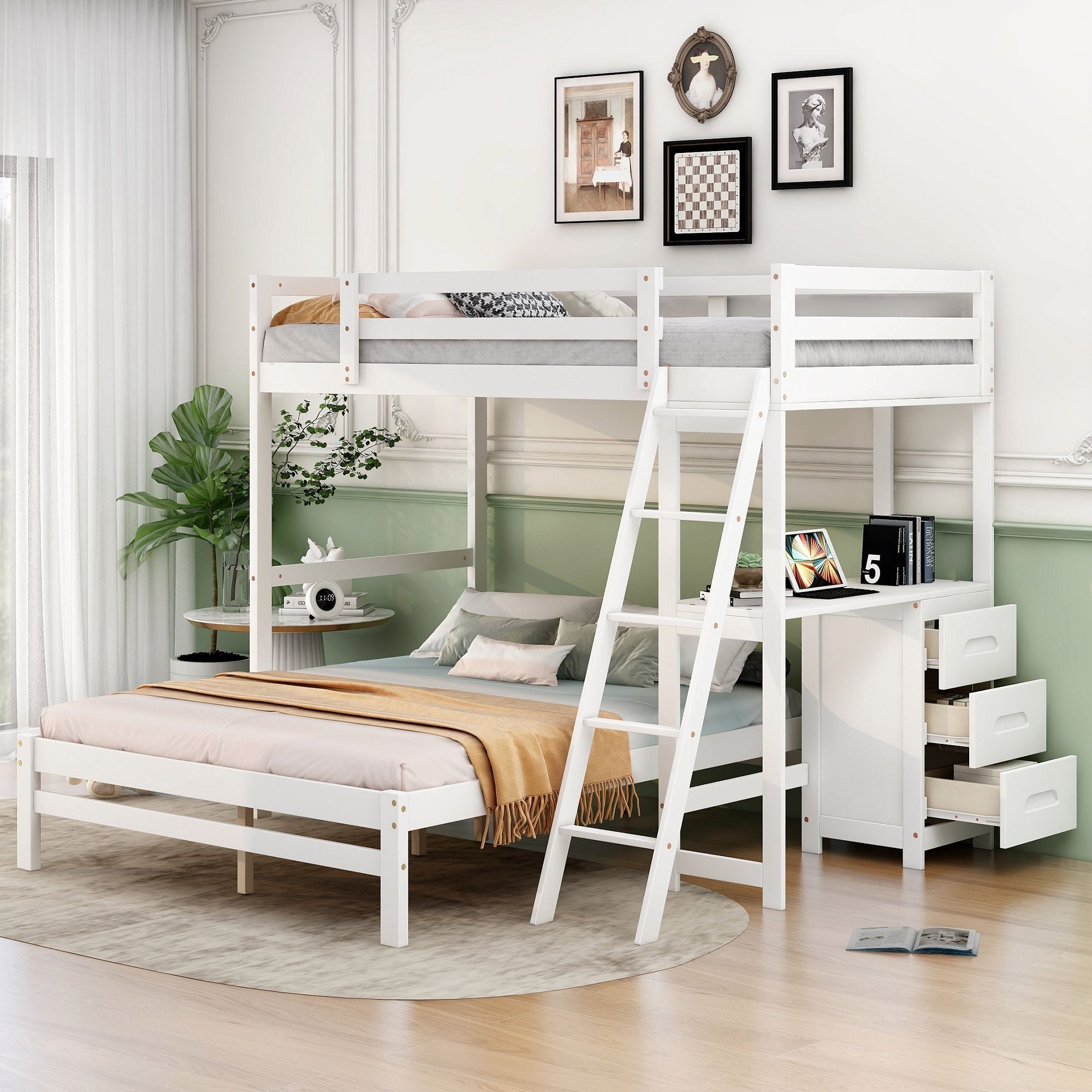 Kids Shared Room Twin Over Full Wood Bunk Bed with Built-in Desk and Three Drawers, White | Just Better Bunk Beds - Front View